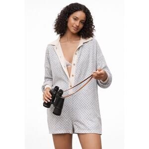 By Anthropologie Waffle Cocoon Romper Medium Blue Cream Button Front